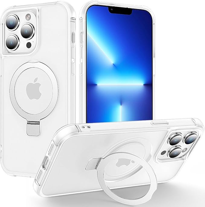 Magnetic Compatible with iPhone 13 Pro Case with Stand [Military Grade Drop Tested][Compatible with Magnet] Ring Translucent Slim Hard Back Soft Edge, Frost White