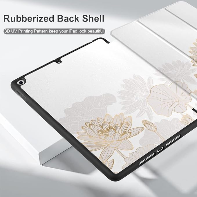 DONGKE Case Compatible with iPad 10.2 Inch 2021 2020 2019 iPad 9th/8th/7th Generation with Pencil Holder, Slim Stand Protective Case with Soft TPU Back, Auto Sleep/Wake Cover, Gold Lotus