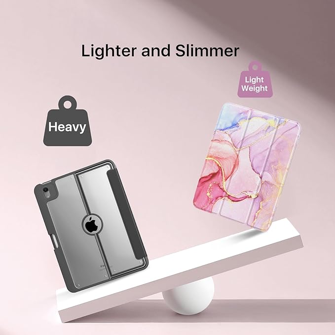 MoKo for iPad (A16) 11th Generation Case 11 Inch 2025, iPad 10th Gen Case 10.9 Inch 2022 with Pencil Holder, Slim Light Trifold Protective Cover with Hard PC Transparent Back Shell, Light Pink Marble