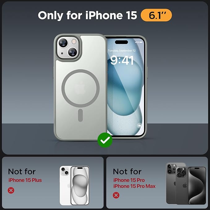 Miracase Magnetic for iPhone 15 Case (Compatible with MagSafe)（with 2X Screen Protectors） Military-Grade Protection, Anti-Fingerprint Translucent Matte Phone Cover for iPhone 15 6.1 inch, Gray