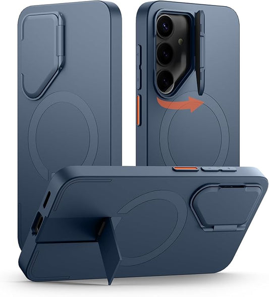 SURITCH for Samsung Galaxy S25 Phone Case, Magnetic Shockproof Bumper Case Slim Protective Cover with Camera Cover & Adjustable Metal Kickstand for Galaxy S25 (2025)-Dark Blue