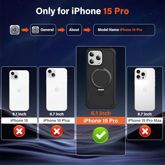 Designed for iPhone 15 Pro Case with Magnetic Stand [Military Drop Protection][Compatible with Magnet] Shockproof 15 Pro Phone Case with Ring Holder, Black