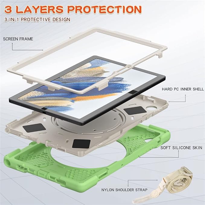 360 Rotation Case for Samsung Galaxy Tab A8 10.5" Sturdy Cover Rotate Ring Stand Shoulder Carrying Strap Hand Strap Rugged Children Adults Outdoor Case, LightGreen