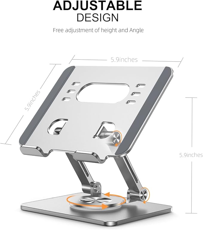 Tablet Stand Holder with Thickened 360°Rotating Base Dual Rod Adjustable Aluminum Stand for All 5.8-12.9” iPad Samsung Phone Tablet Kindle E-Reader and More, Silver