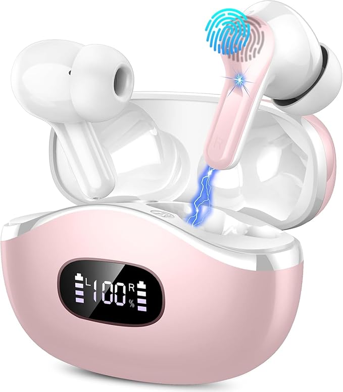 Wireless Earbuds, Bluetooth Headphones 5.4 HiFi Stereo Ear buds with ENC Noise Cancelling Mic, 40H Bluetooth Earbuds with Dual LED Display Charging Case, IP7 Waterproof Earphones for Android iOS, Pink