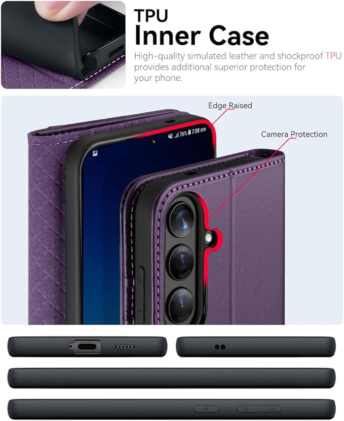 OCASE Compatible with Galaxy S25 FE Wallet Case, PU Leather Flip Folio Case with Card Holders RFID Blocking Kickstand [Shockproof TPU Inner Shell] Protective Phone Cover 2025, Dark Purple