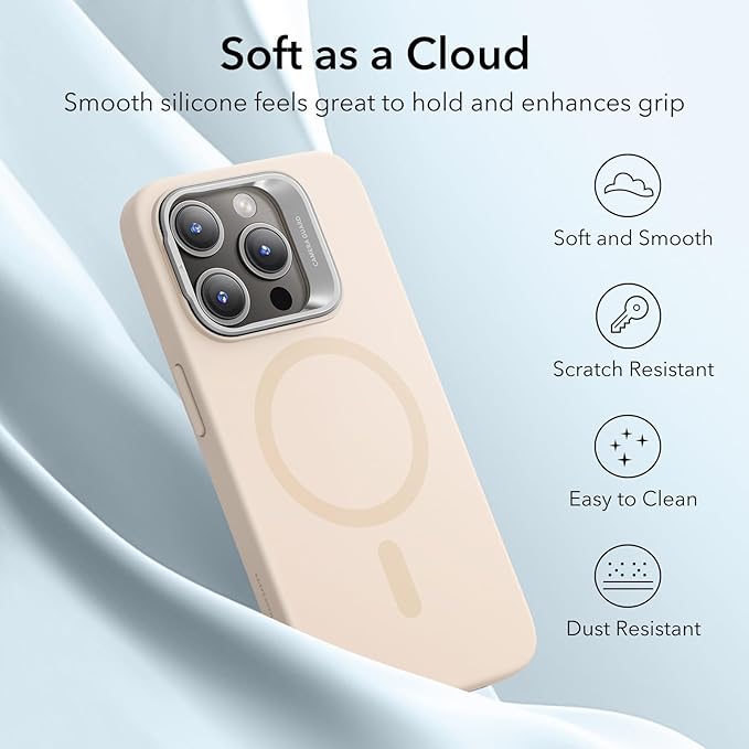 ESR for iPhone 15 Pro Case, MagSafe Silicone Case with Stand, Military-Grade Protection, Built-in Camera Stash Stand, Magnetic Phone Case for iPhone 15 Pro, Cloud Series,Light Tan