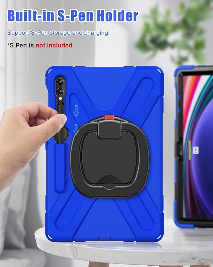 BRAECN Case for Galaxy Tab S10+/S9 FE+/S9+/S8+/S7 FE/S7+ 12.4 Inch SM-X820/X810/X800, Rugged Silicone Cover with Screen Protector, Kickstand, Shoulder Strap, S Pen Holder for Galaxy Tab S9 Plus, Blue