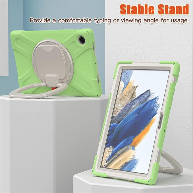 360 Rotation Case for Samsung Galaxy Tab A8 10.5" Sturdy Cover Rotate Ring Stand Shoulder Carrying Strap Hand Strap Rugged Children Adults Outdoor Case, LightGreen