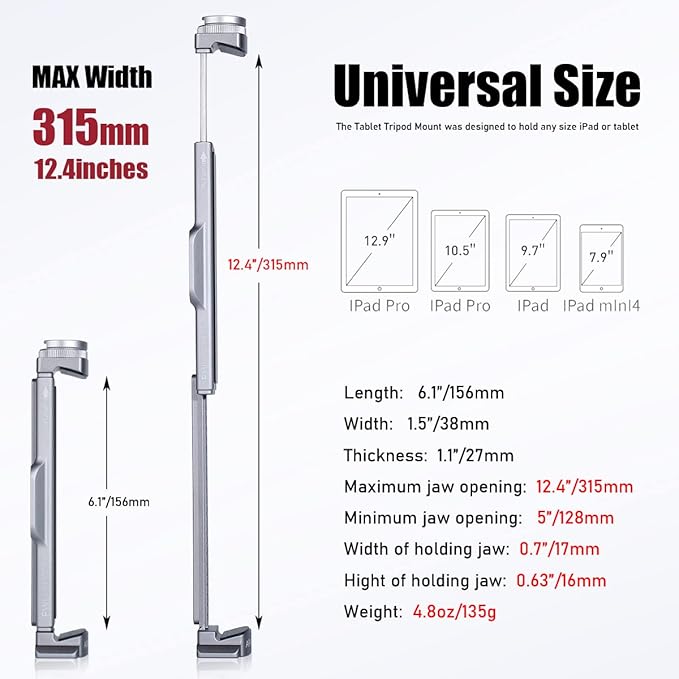 Metal Tablet Tripod Mount, 7.9-12.9in Ipad Holder, Rotatable Cold Shoe, 2 Acra Swiss QR Bracket, Universal Tablet Mount for Video Recording