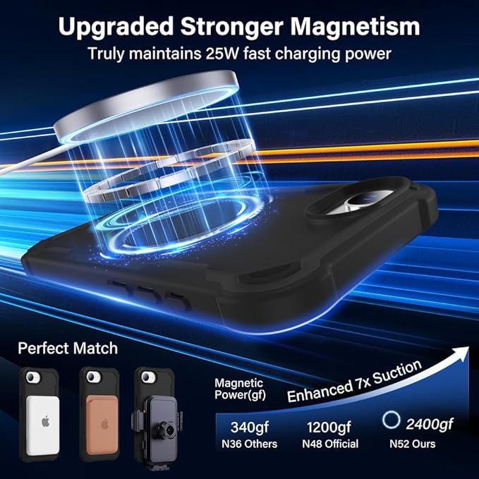 Designed for iPhone 16E Case with Magnetic Stand [Military Drop Protection][Compatible with Magnet] Shockproof 16E Phone Case with Ring Holder, Black