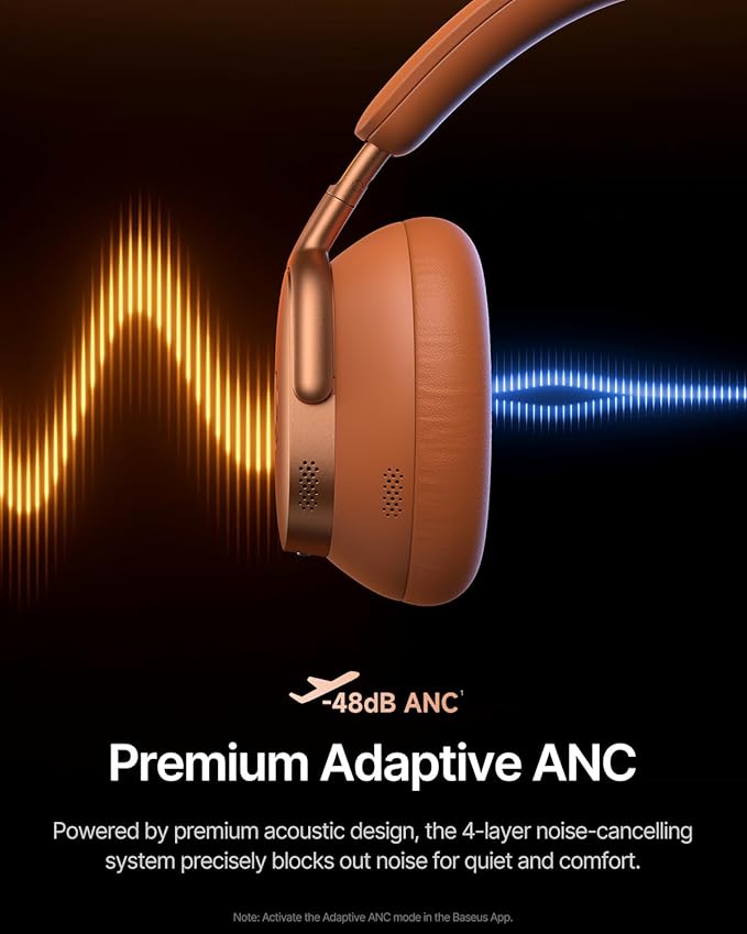 Baseus Inspire XH1 Adaptive Active Noise Cancelling Headphones, Sound by Bose, Dolby Audio, Premium Real-Time Adaptive ANC, Adaptive Tuning Rich Sound, Hi-Res Audio, 100H Playtime - Sunset Coral