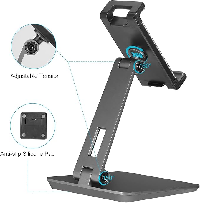 Tablet Stand Adjustable & Foldable, 360° Swivel Heavy Aluminum Tablet Holder for Desk, Compatible with iPad Pro/Air/Mini, Galaxy Tab, Surface Pro, Kindle Fire (7-13") (Dark Gray)