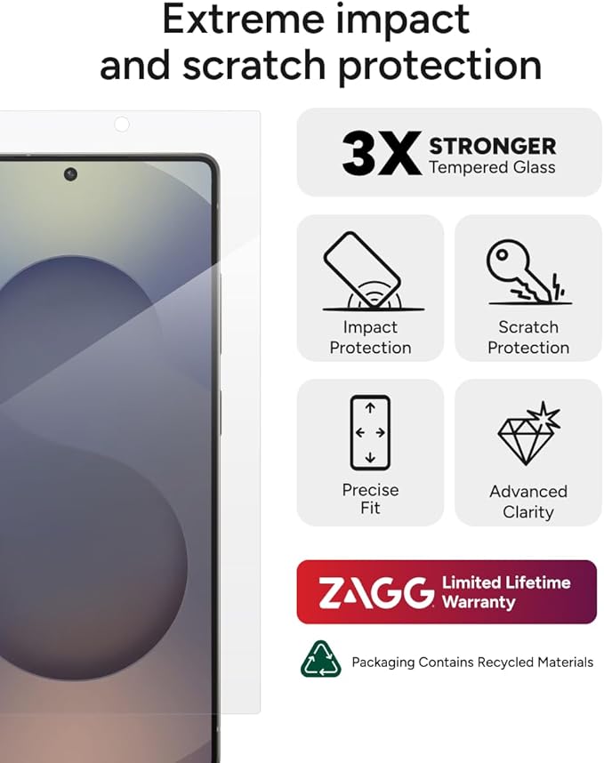 ZAGG Glass+ Samsung Galaxy S25 Ultra Screen Protector – Extreme Impact & Shatter Protection, Scratch-Resistant, Smudge-Resistant, Fingerprint Scanner Compatible, InvisibleShield, Easy Installation