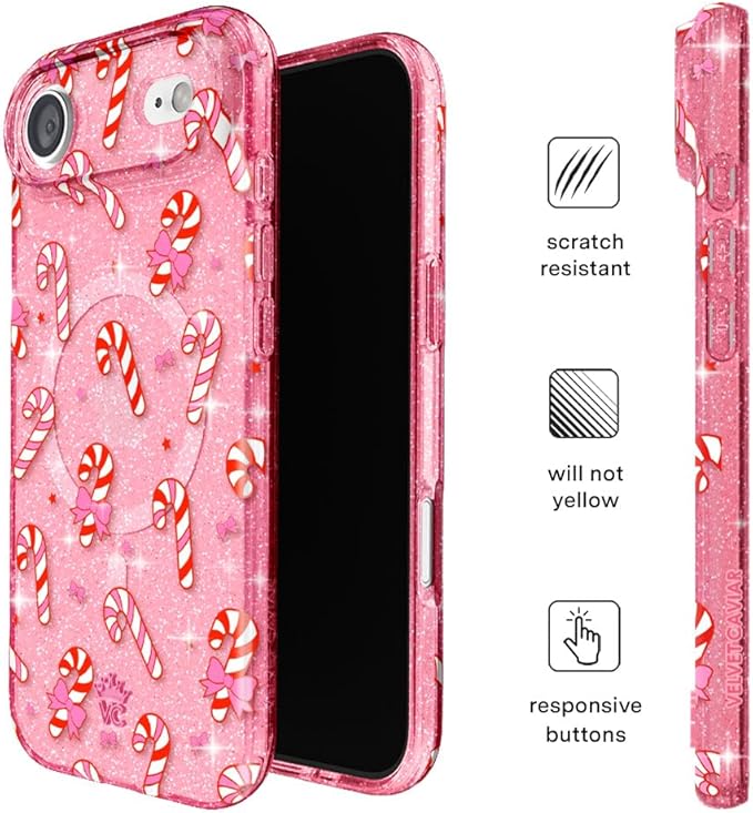 VELVET CAVIAR Case for iPhone 17 Air | Compatible with MagSafe | 10ft Drop Tested | Protective Christmas Cases | Pink Peppermint Glitter