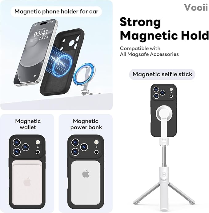 Vooii Magnetic Compatible with iPhone 17 Pro Case (Compatible with Magsafe) (Upgraded Camera Protection) Liquid Silicone Shockproof Full Body Protective Phone Cover for Women Men, Black, 6.3”