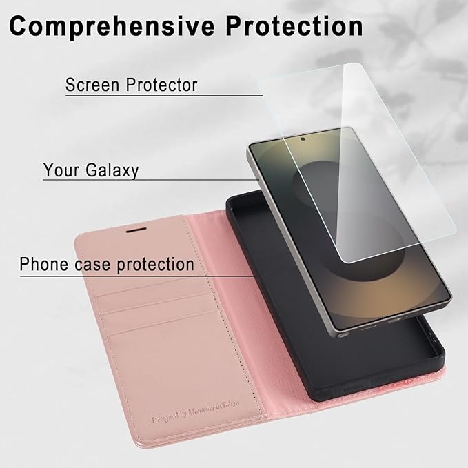 MONASAY Wallet Case Fit for Samsung Galaxy S25 Ultra 6.9 inch, [Lens & Glass Screen Protector Included] [RFID Blocking] Flip Folio Leather Cell Phone Cover with Credit Card Holder, Rosegold