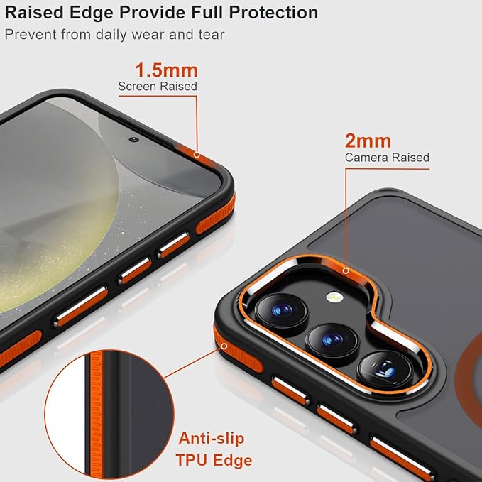 Magneic for Samsung Galaxy S25 Plus/S25+ Case Compatible with Magsafe, [Drop Protection] & [Anti-Slip Edge] S25 Plus Phone Case, Stylish Matte Translucent Galaxy S25+ Cover (Black/Orange)