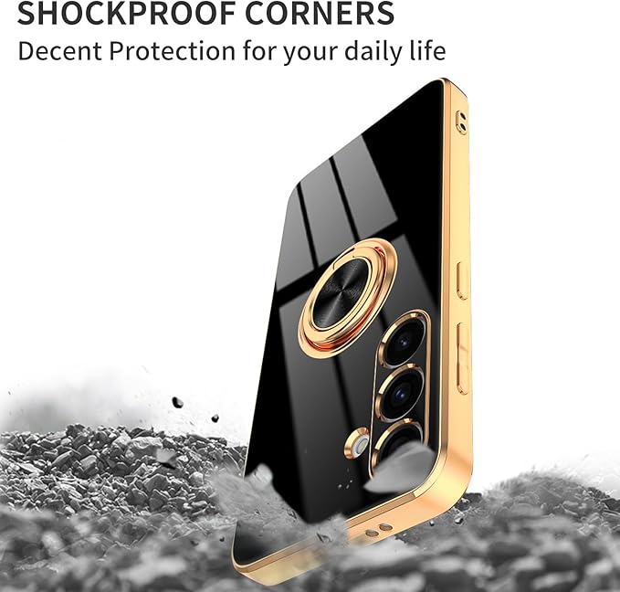 Dinick Black for Samsung Galaxy S24 Case with Ring Holder Kickstand [with Magnetic] Soft TPU Bumper, Glitter Gold Electroplated Cover Slim Thin Protective Phone Case for Galaxy S24