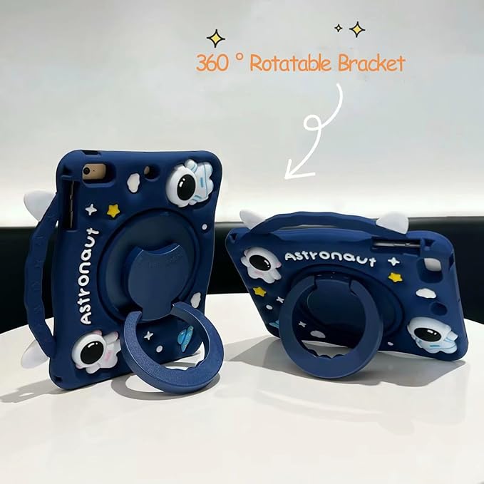 3D Cute Press Astronaut Case for Samsung Galaxy Tab A9 8.7 inch 2023 SM-X110/X115/X117,Kawaii Cartoon Character Space Soft Silicone Rotating Stand Case with Lanyard for Kids Teens Girls Women