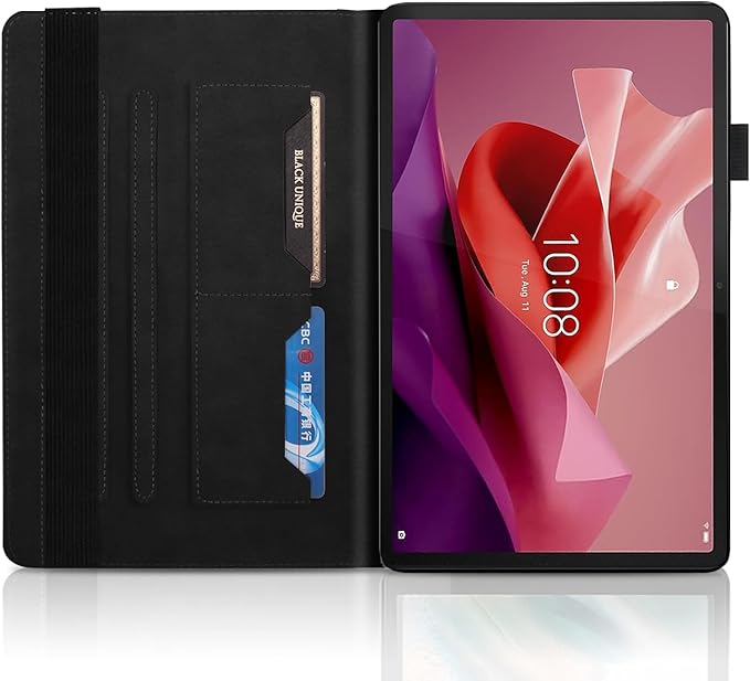 Case for Lenovo Tab P12 12.7 Inch 2023, PU Leather Cover Lightweight Flip Stand Shell with Elastic Band & Card Holder for Lenovo Tab P12 SM-TB370FU/TB371FC-Black