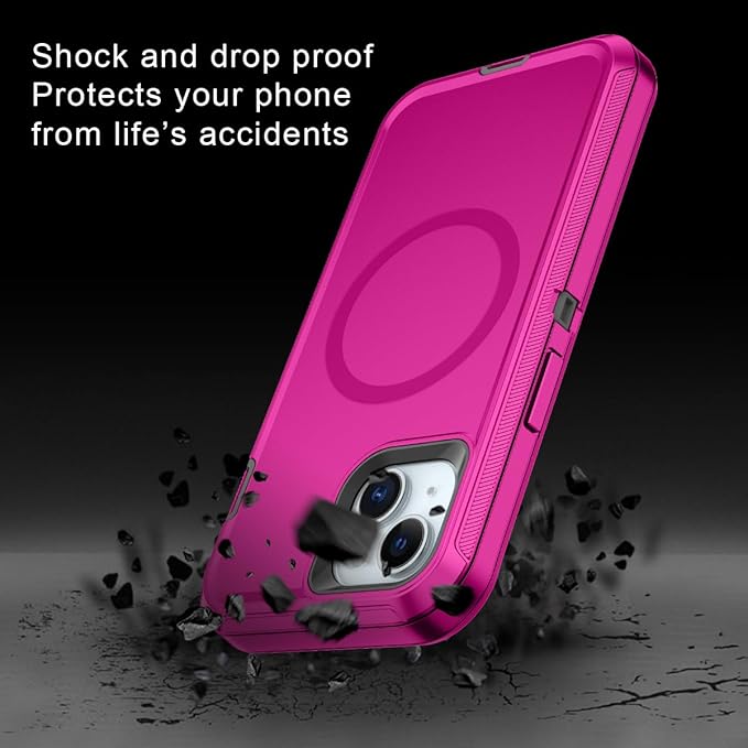 for iPhone 13/14/15 Case [Compatible with MagSafe] Shockproof 3-Layer Full Body Protection Rugged Heavy Duty Cover Case for Apple iPhone 13/14/15 6.1",Rose Red/Grey