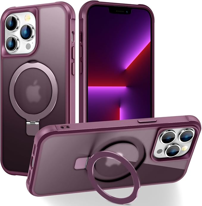 Magnetic Compatible with iPhone 13 Pro Max Case with Stand [Military Grade Drop Tested][Compatible with Magnet] Ring Translucent Slim Hard Back Soft Edge, Wine Red