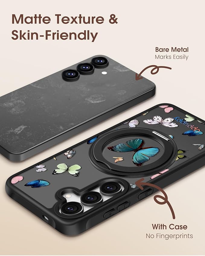 for Samsung Galaxy S25 Case with 360° Rotatable Magnetic Ring - Compatible with MagSafe, Semi-Transparent Anti-Fingerprint Soft-Touch Material Shockproof, Cute Butterfly Design for Women Girl