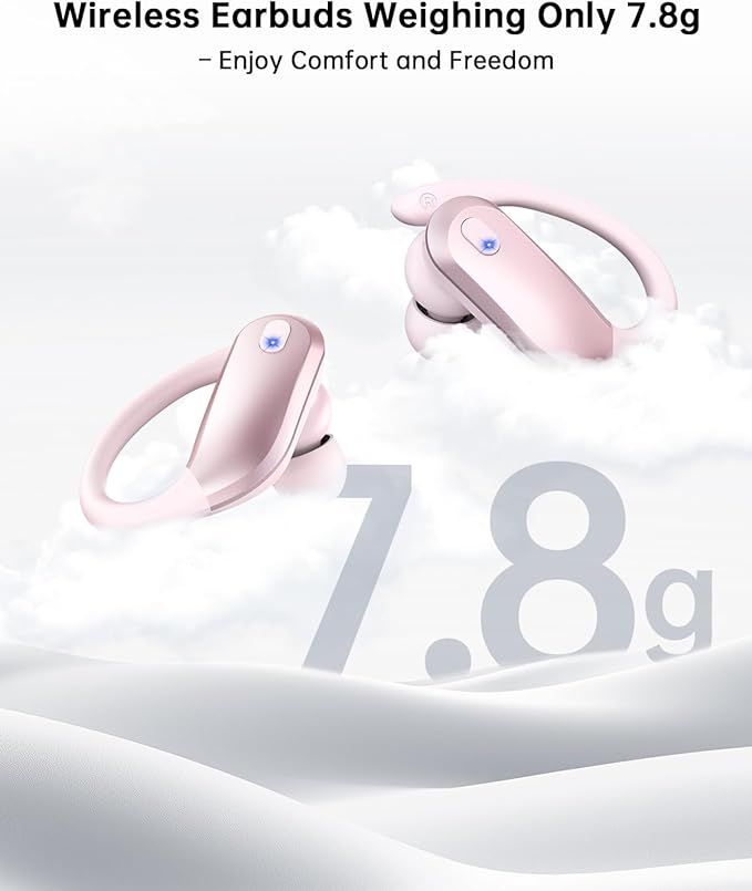NDO Bluetooth 5.3 Wireless Earbuds with Earhooks,Sport Headphones 48H Playtime,Lightweight Design,ENC Mic,IPX7 Waterproof,Type-C Fast Charging,Perfect for Workout and Daily Use-Pink