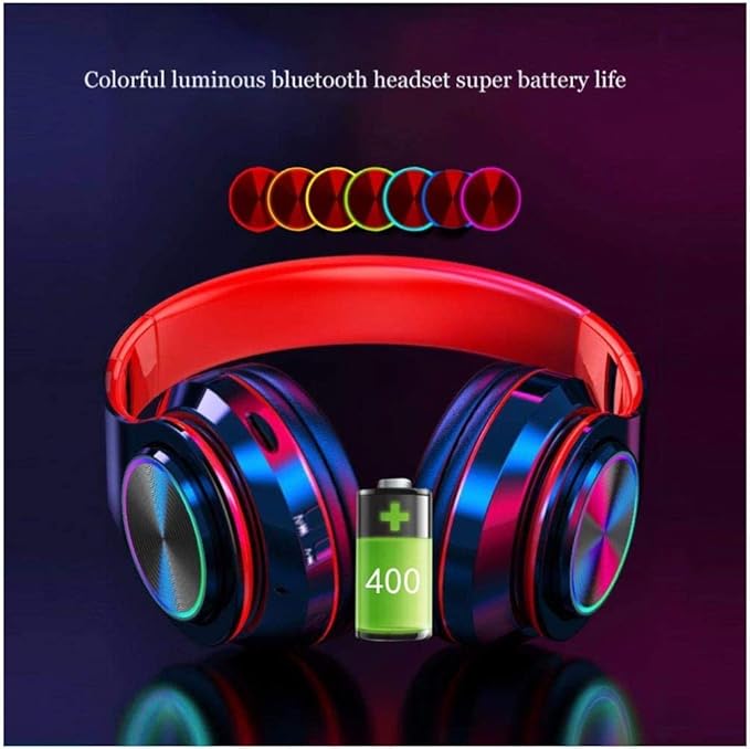 Bluetooth Over Ear Headphones, LED Lights Headphones with Built-in Mic, Light Weight, Bluetooth 5.0, Wireless Foldable HiFi Stereo Headphones for Classroom/Home/Office/PC/Mobile Phone (Black red)