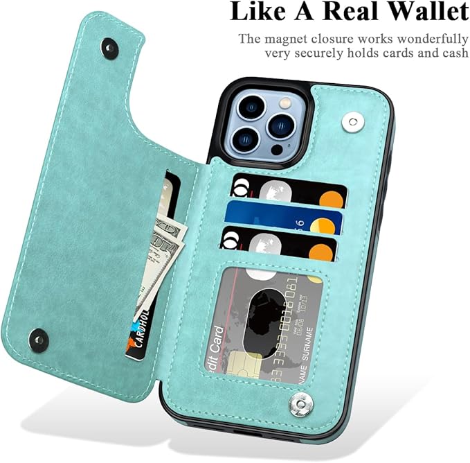 MMHUO for iPhone 15 Pro Max Case with Card Holder,Flower Magnetic Buttons Protective Wallet Case for Women for iPhone 15 Pro Max,Mint