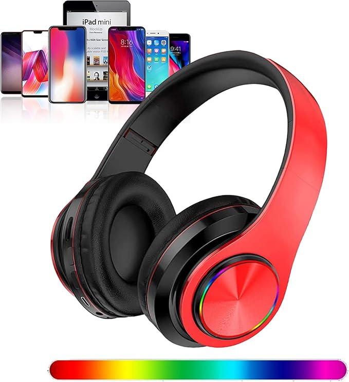 Bluetooth Over Ear Headphones, Colorful LED Lights Deep Bass Headphones with Microphone, Lightweight Wired and Wireless Foldable HiFi Stereo Headphones for Classroom/Home Office/Mobile Phone (Red)