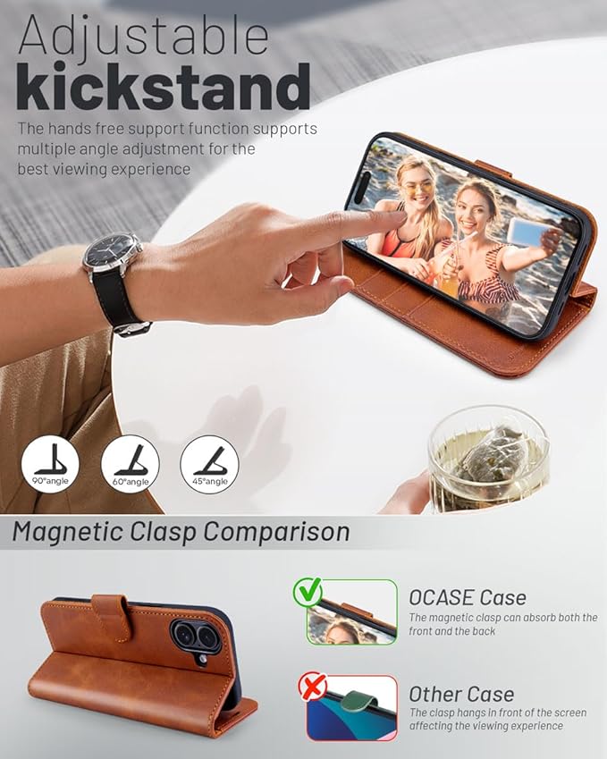 OCASE Compatible with iPhone 16 Wallet Case, PU Leather Flip Folio Case with Card Holders RFID Blocking Kickstand [Shockproof TPU Inner Shell] Phone Cover 6.1 Inch 2024, Brown
