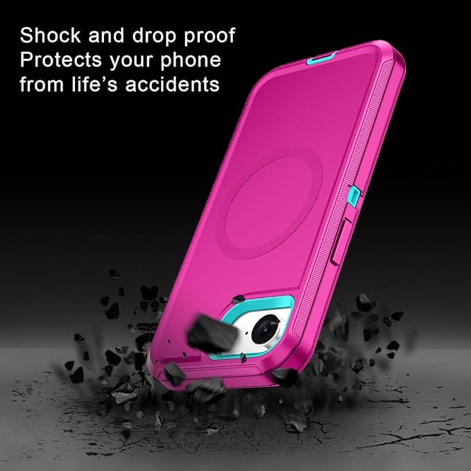 for iPhone 16e Case [Compatible with MagSafe] Shockproof 3-Layer Full Body Protection [Without Screen Protector] Rugged Heavy Duty Cover Case for Apple iPhone 16e 6.1" 2025,Rose Red/Green