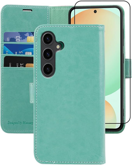 MONASAY Wallet Case Fit for Samsung Galaxy S24 FE 6.1 inch 5G,[RFID Blocking] Flip Folio Leather Cell Phone Cover with Credit Card Holder, Mint