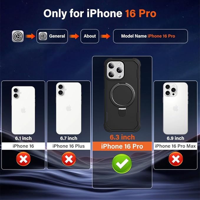 Designed for iPhone 16 Pro Case with Magnetic Stand [Military Drop Protection][Compatible with Magnet] Shockproof 16 Pro Phone Case with Ring Holder, Black