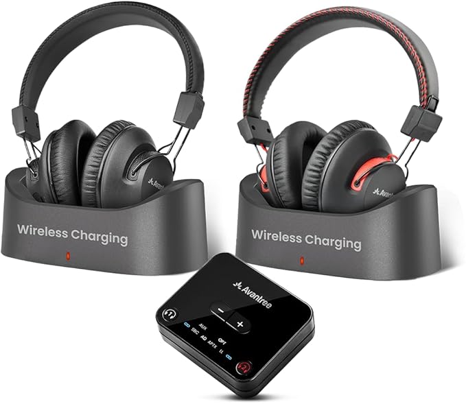 Avantree HT41899 Plus 2 - Dual Bluetooth Wireless Headphones for TV Watching with Transmitter & Charging Docks, aptX Adaptive & Low Latency Support, Compatible with Optical & 3.5mm AUX TVs
