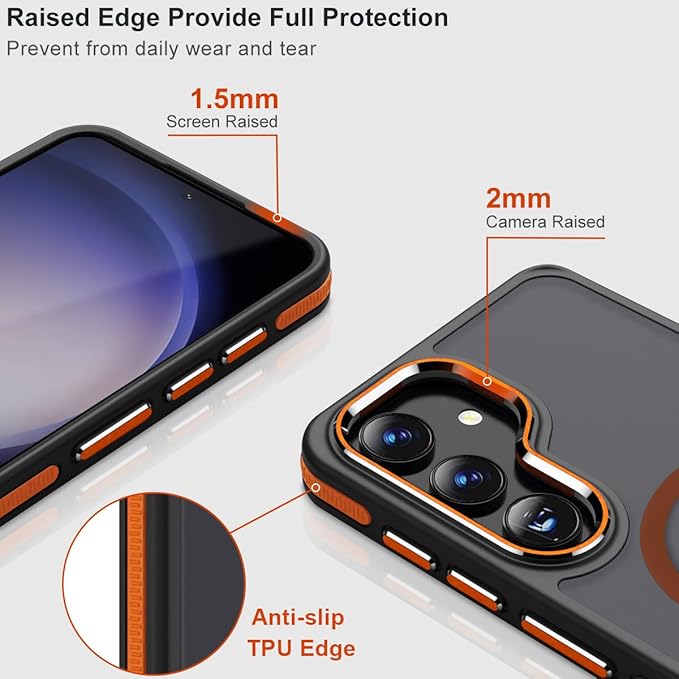 for Samsung Galaxy S24 Plus Case with [Invisible Stand], Compatible with MagSafe, Strong Magnetic & Kickstand, Drop Protection Slim Matte Phone Case for Galaxy S24+ (Black/Orange)