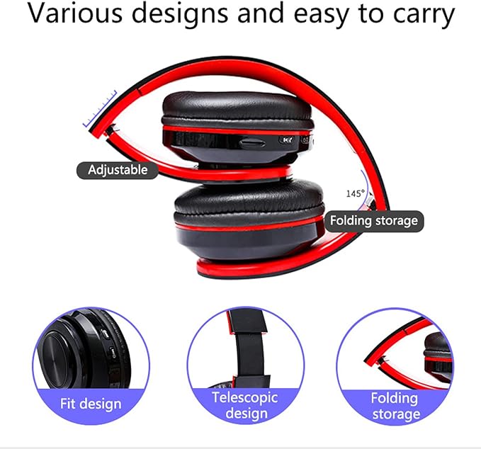 Wireless Bluetooth Headphones with Colorful LED Lights, Built-in Mic, Light Weight, Foldable, Wired HiFi Stereo Headphones for Classroom/Home Office/PC/Mobile Phone/Kids Adult (Black Red)