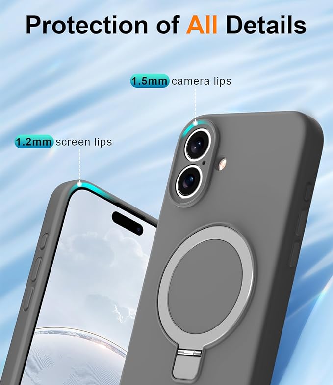 ZHK Liquid Silicone Designed for iPhone 16 Plus Case with Magnet Stand, [Precise Camera Lens Protection][Mil-Grade Drop Shockproof][Soft Anti-Scratch Microfiber Lining] Slim Fit Cover, Grey