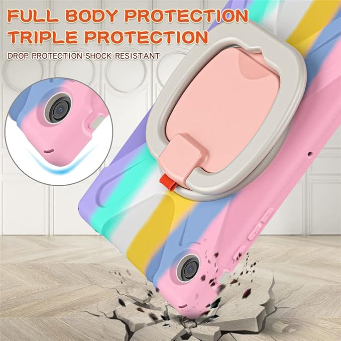 360 Rotation Galaxy Tab A8 10.5" Case Sturdy Cover Rotate Ring Stand Shoulder Carrying Strap Hand Strap Rugged Children Adults Outdoor Case, Colourful Pink