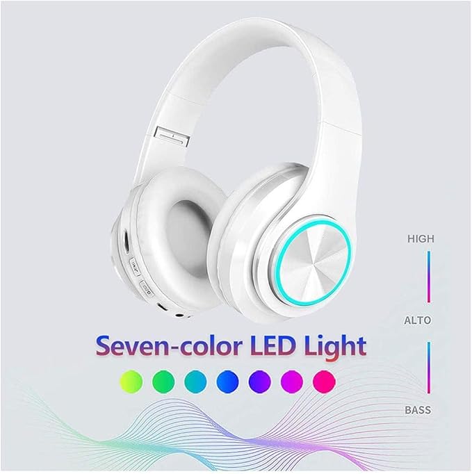 Bluetooth Over Ear Headphones, Deep Bass Colorful LED Lights Headphones with Mic, Lightweight Wireless Foldable HiFi Stereo Kids Headset for School Classroom/Home Travel/Office/PC/Cell Phone-White