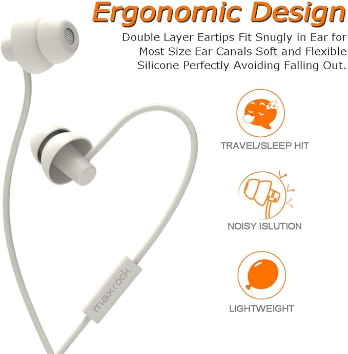 MAXROCK Sleeping Headphones, in-Ear Soundproof Earplug Soft Earbuds with Mic Noise Cancelling Sleep Earphones Earpods for Side Sleeper, Insomnia, Snoring, Air Travel, Bedtime Listening… (White)