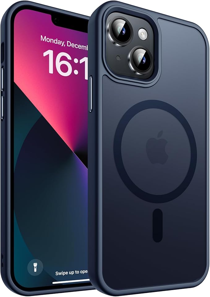 Magnetic for iPhone 13 Case & iPhone 14 Case, Compatible with MagSafe, Military Grade Drop Protection, Slim Fit Shockproof Anti-Fingerprint Translucent Matte Phone Protective Cover, Dark Blue