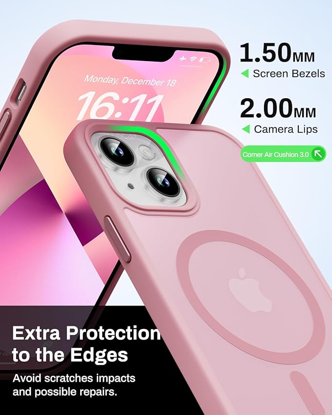 Magnetic for iPhone 13 Case & iPhone 14 Case, Compatible with MagSafe, Military Grade Drop Protection, Slim Fit Shockproof Anti-Fingerprint Translucent Matte Phone Protective Cover, Pink