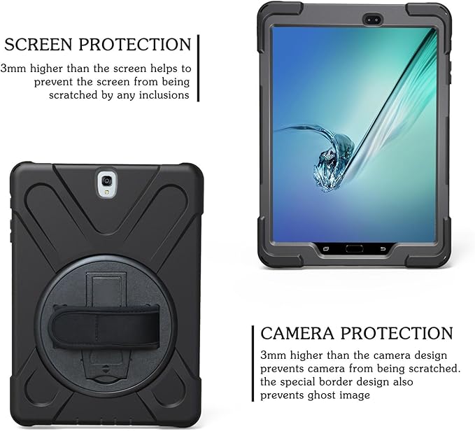 Galaxy Tab S2 9.7 Case - Dropproof Shockproof Heavy Duty Tablet Cover Rotatable Kickstand Handle Stand Hand Strap Shoulder Belt Carrying Case for Samsung SM-T810/T813/T815/T817/T818/T819 9.7" Black
