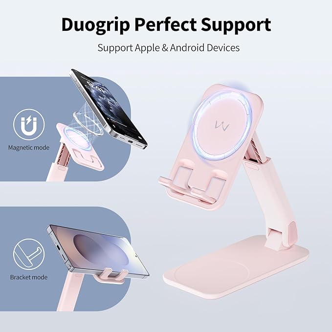 iWALK Magnetic Cell Phone Stand for Desk, Angle and Height Adjustable Mobile Phone Holder, Foldable Magnet Stand for iPhone 16 15 14 13 12 Pro Max and iPad, Cell Phone Holder for Samsung Galaxy, Pink