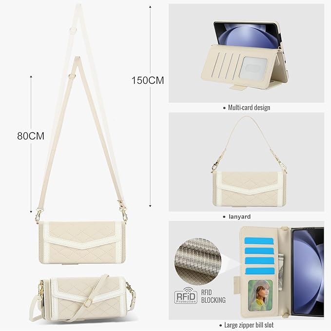 for Samsung Galaxy Z Fold 7 Wallet Case - Stitching Pattern RFID Blocking Card Holder, S Pen Slot Crossbody Strap, Full Body Protection Flip Cover for Women White