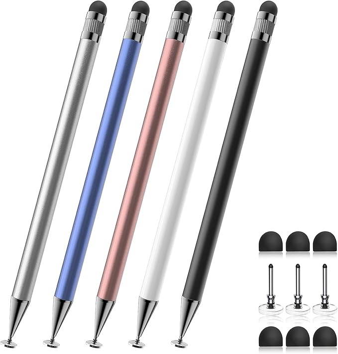 Stylus (5 Pcs), 2-in-1 Stylus Pen for Touch Screen, High Precision and Sensitivity, Suitable for iPhone/ipad/Android Tablets, Compatible with All Touch Screens (Black/White/Blue/Rose Gold/Silver)