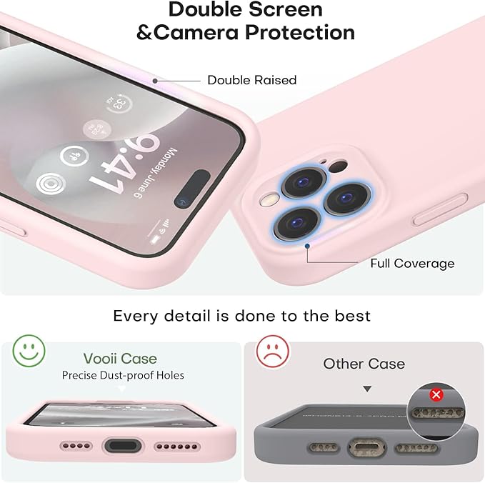 Vooii Compatible with iPhone 15 Pro Case, Upgrade Defender Liquid Silicone, [Camera Protection] [Soft Anti-Scratch Microfiber Lining] Shockproof Phone Case for iPhone 15 Pro 6.1 inch - Chalk Pink